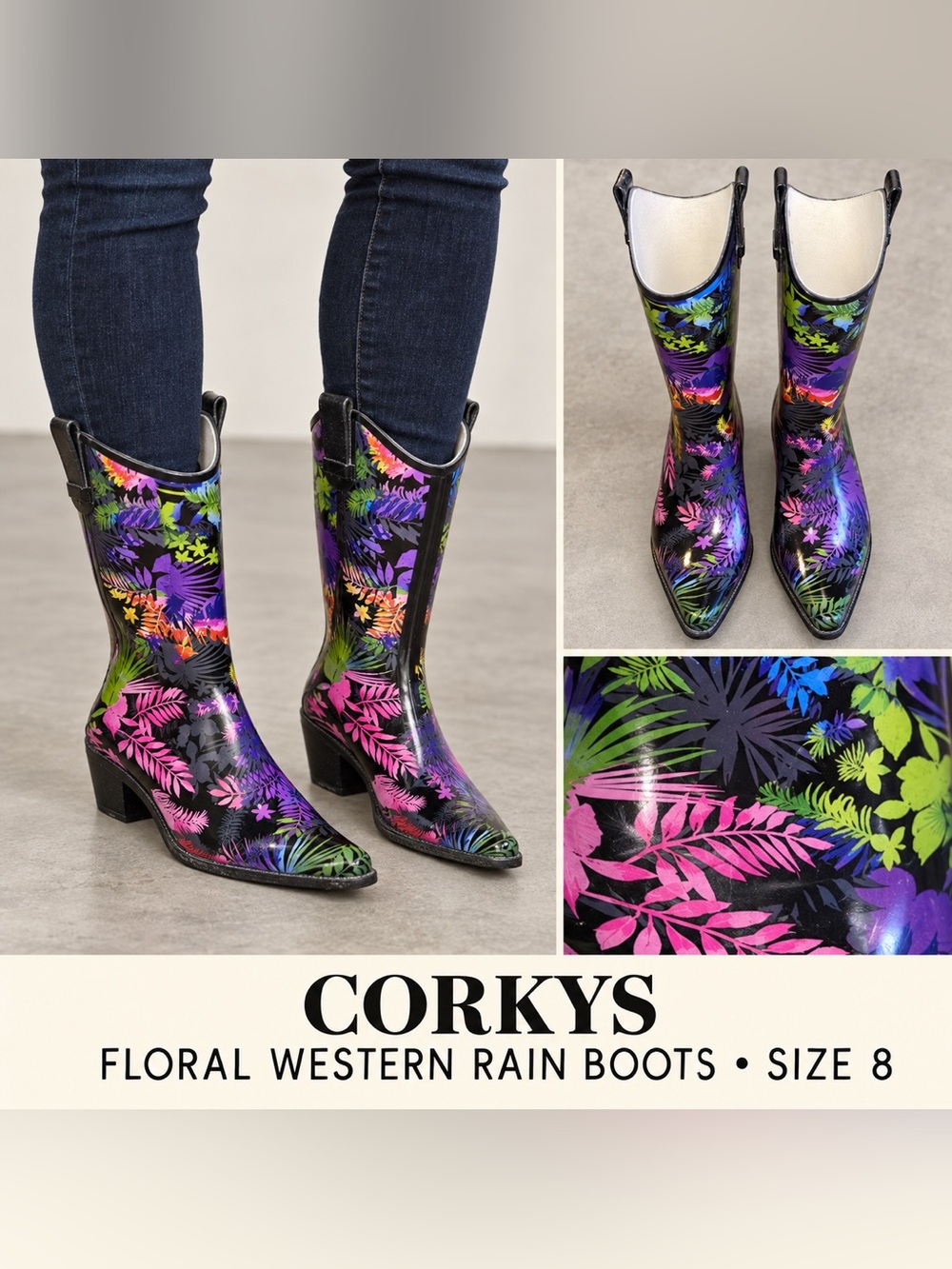 Corkys Multicolor Floral Western Style Rain Boots Size 8